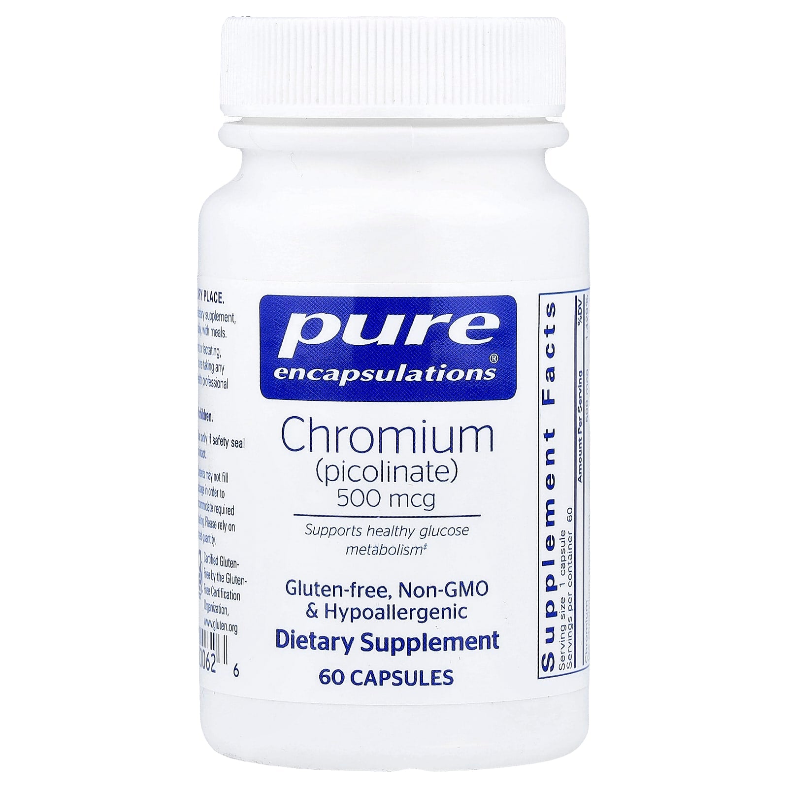 Pure Encapsulations, Chromium (Picolinate), 500 mcg, 60 Capsules UPC 766298000626 | Hilife Vitamins